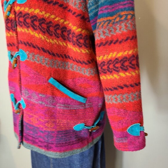 Vintage 90s Kathryn Deene Aztec Blanket Coat Wool Leather Size 14/16 Western - Picture 3 of 13